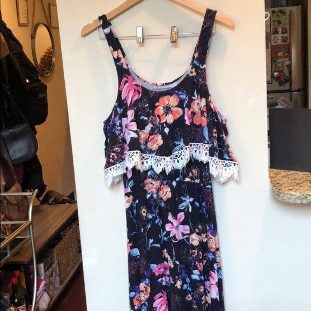 Loveappella Floral Cold Shoulder Maxi Dress